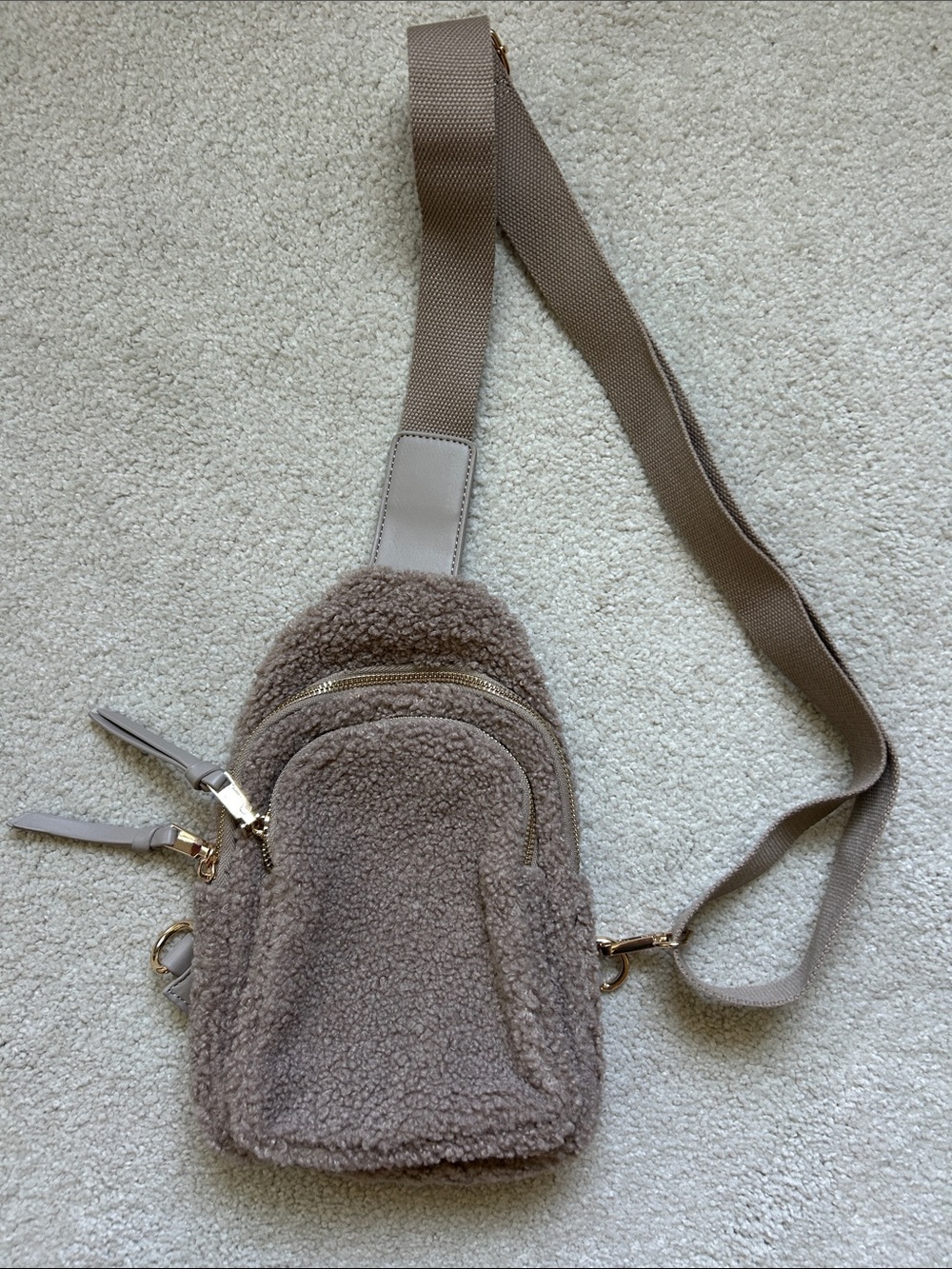 Urban Expressions Taupe Sherpa Crossbody Sling with Gold Accents